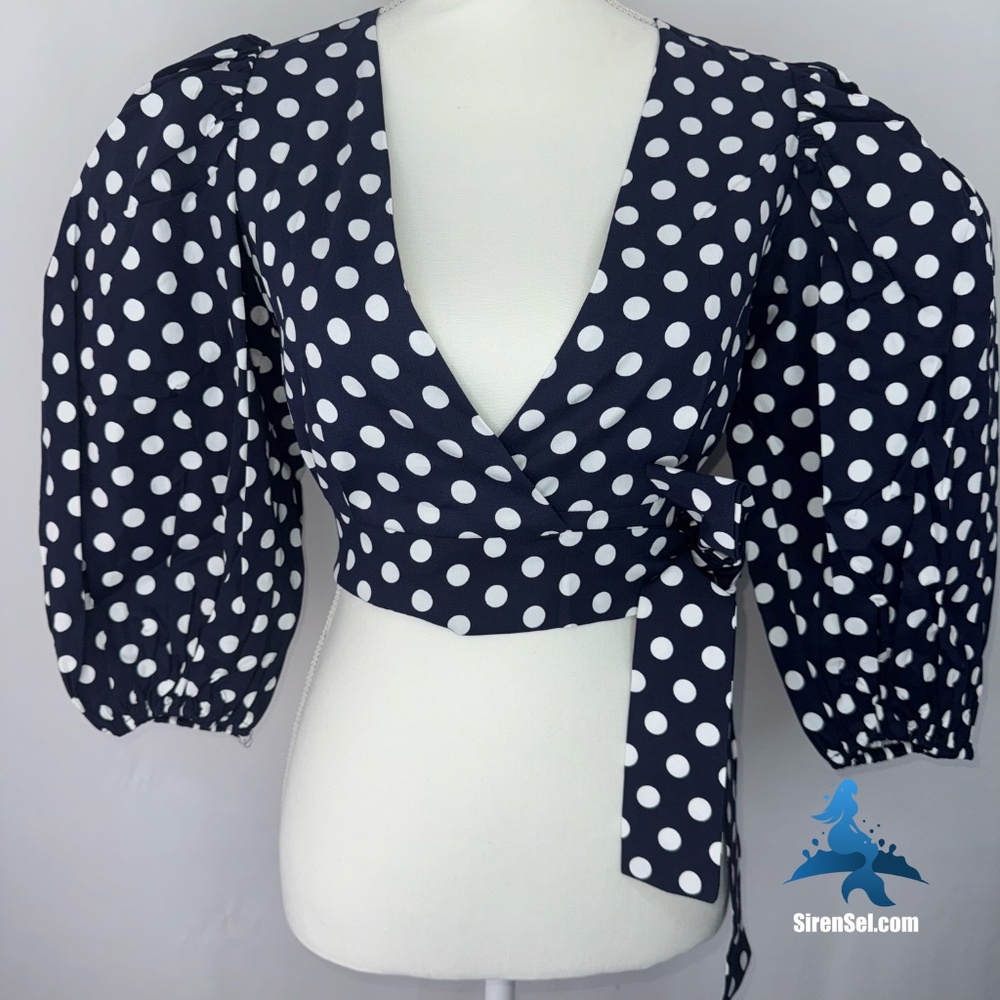 1160 NWT Choosy Polka Dot Puff Sleeve Wrap Top – S – Navy White